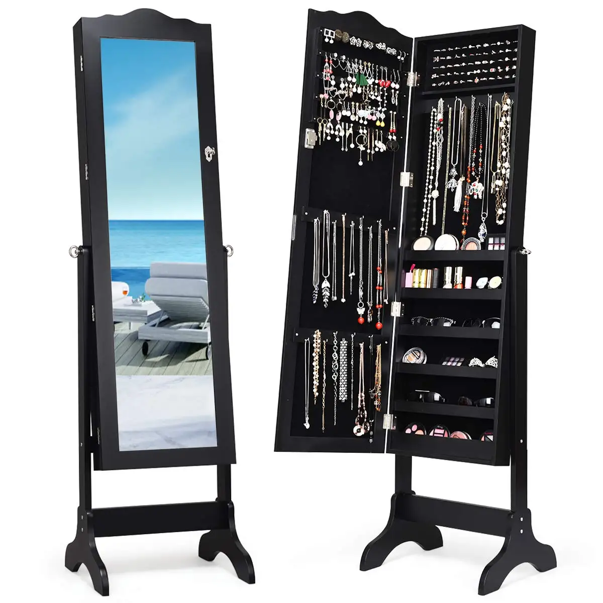 

Jewelry Cabinet Armoire Lockable with Mirror, Standing Full Length Mirror with Jewelry Cabinet, 3 Adjustable, Customized