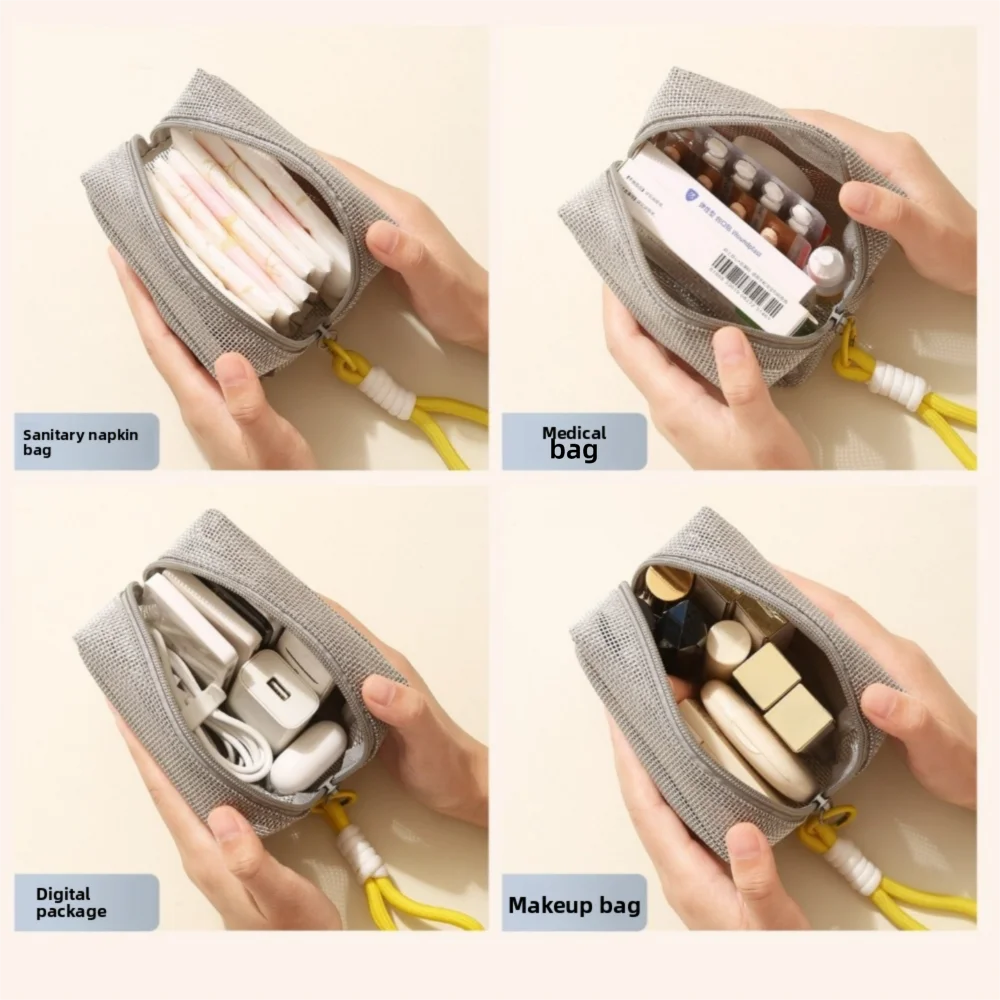 Tas Kosmetik Jala Portabel Kapasitas Besar Abu-abu dengan Resleting, Dompet Koin Persegi, Dilengkapi Pegangan, Tas Perlengkapan Mandi untuk Perjalanan