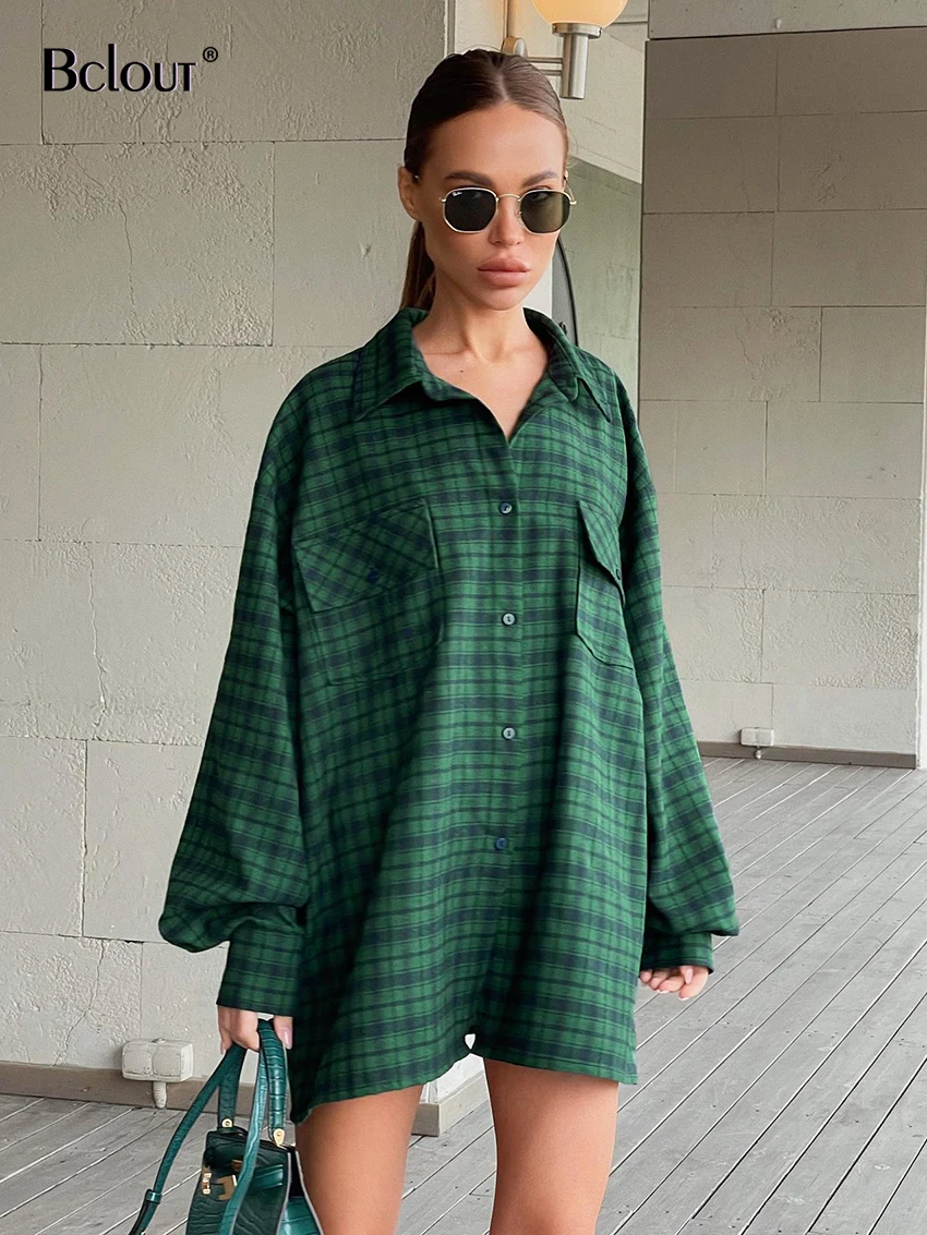 Bclout Casual Green Plaids Loose Blouses For Women 2024 Winter Vintage Long Sleeve Party Shirts Flannel Elegant Office Lady Tops