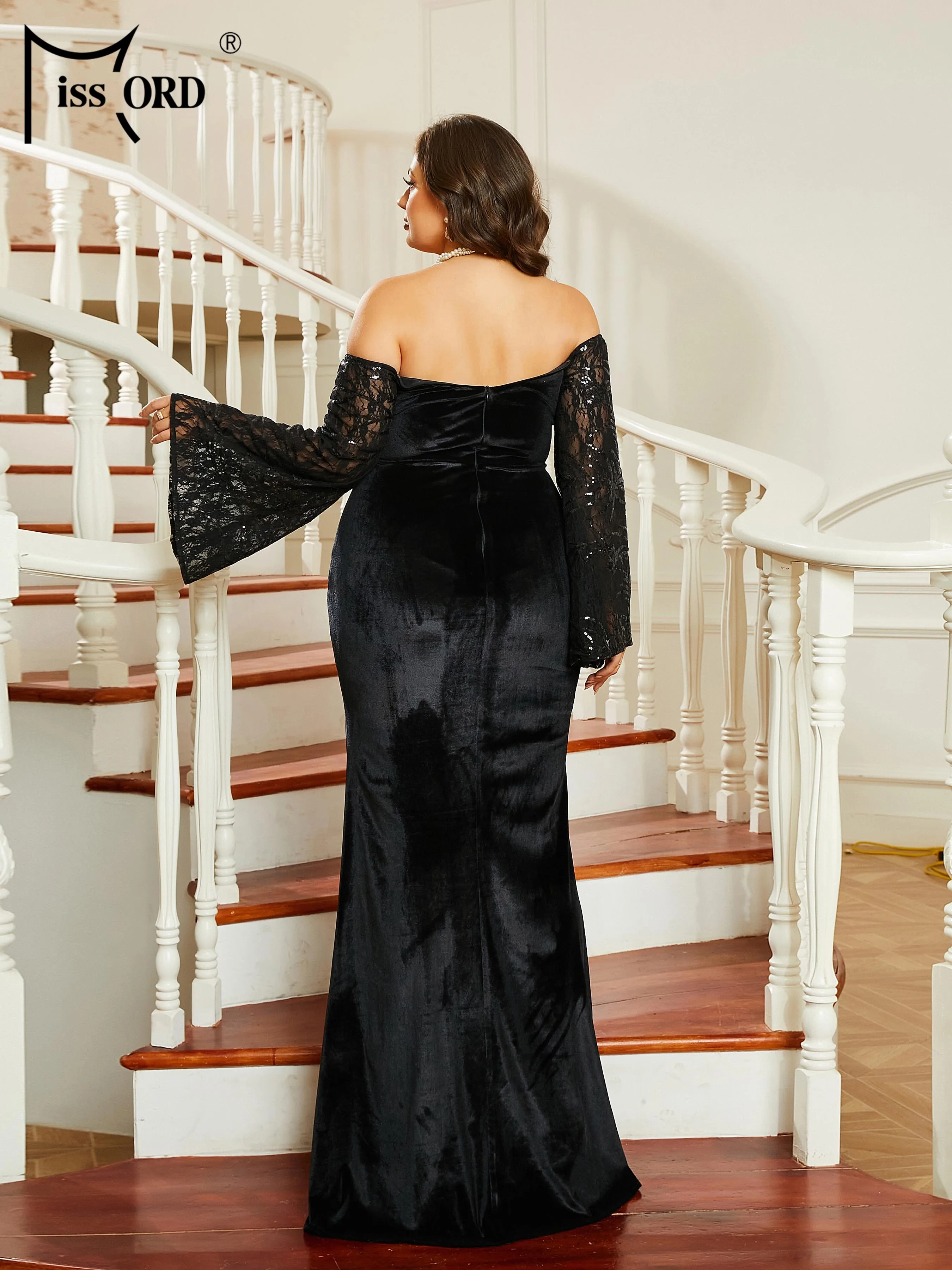 Missord New Plus Size Dress Women Off Shoulder Bell Sleeve Split Black Prom Party Evening Formal Occasion Dresses