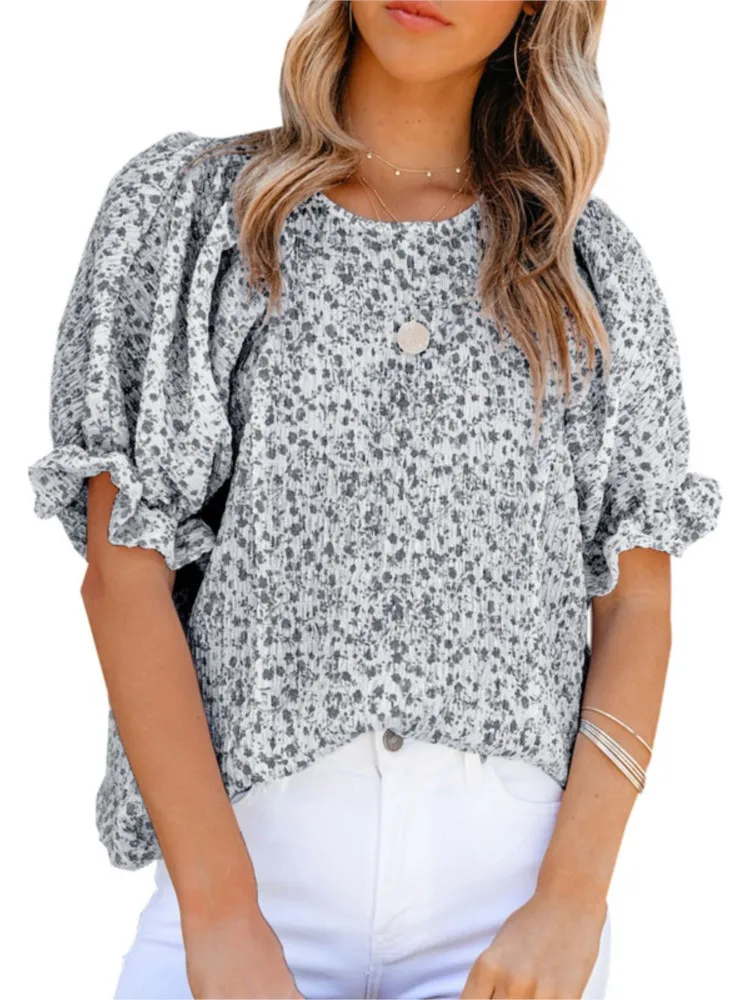 

Women's Shirts New Floral Fashion Print Short Puff Sleeve And Round Neck Blouses Casual Loose Vintage Female's Tops 2024 Summer