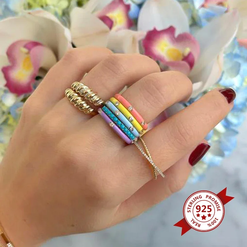 Anel de esmalte fino banhado a ouro 24k/prata redimensionável ajustável branco roxo rosa azul joias femininas joias coloridas na espanha