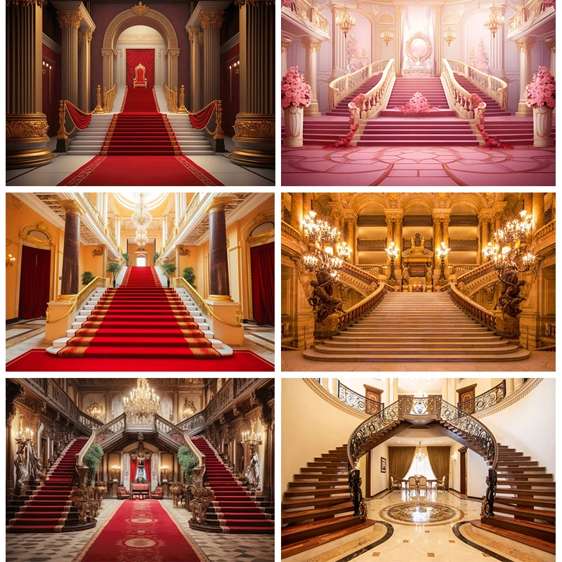 

Vintage Palace Background King Throne European Royal Castle Backdrop Photography Red Carpet Stairs Decorations Wall Photo Banner