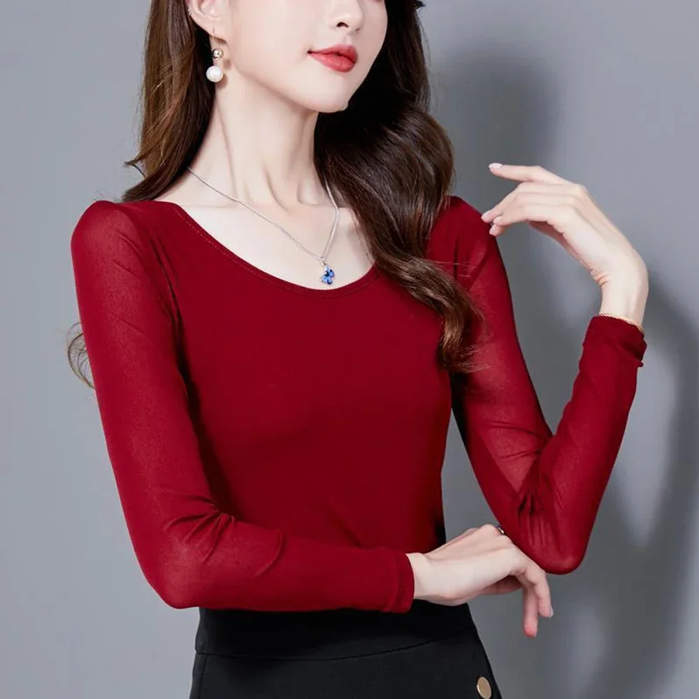 Women Stretch Mesh T Shirt S-4XL Ladies O-neck Full Sleeve Shirt Female Bottoming Blouses Green Blue Purple Red Rose Sexy Tops