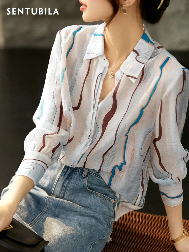 

SENTUBILA Thin Sheer Printed Shirts Office Lady Long Sleeve Womens Chiffon Tops and Blouses 2025 Spring Woman Clothing Q23C44421