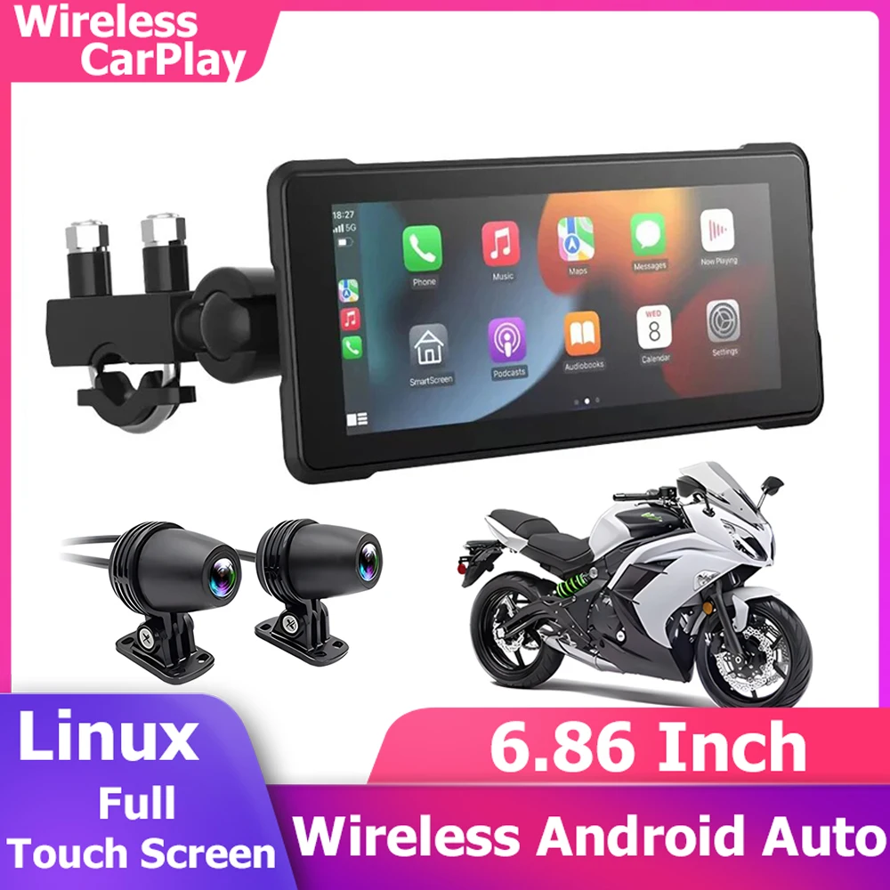 

6.86''Inch Motorcycle CarPlay Screen Portable Monitor GPS Navigation Dash Cam DVR TPMS IPX7 Waterproof Android Auto Touch Screen