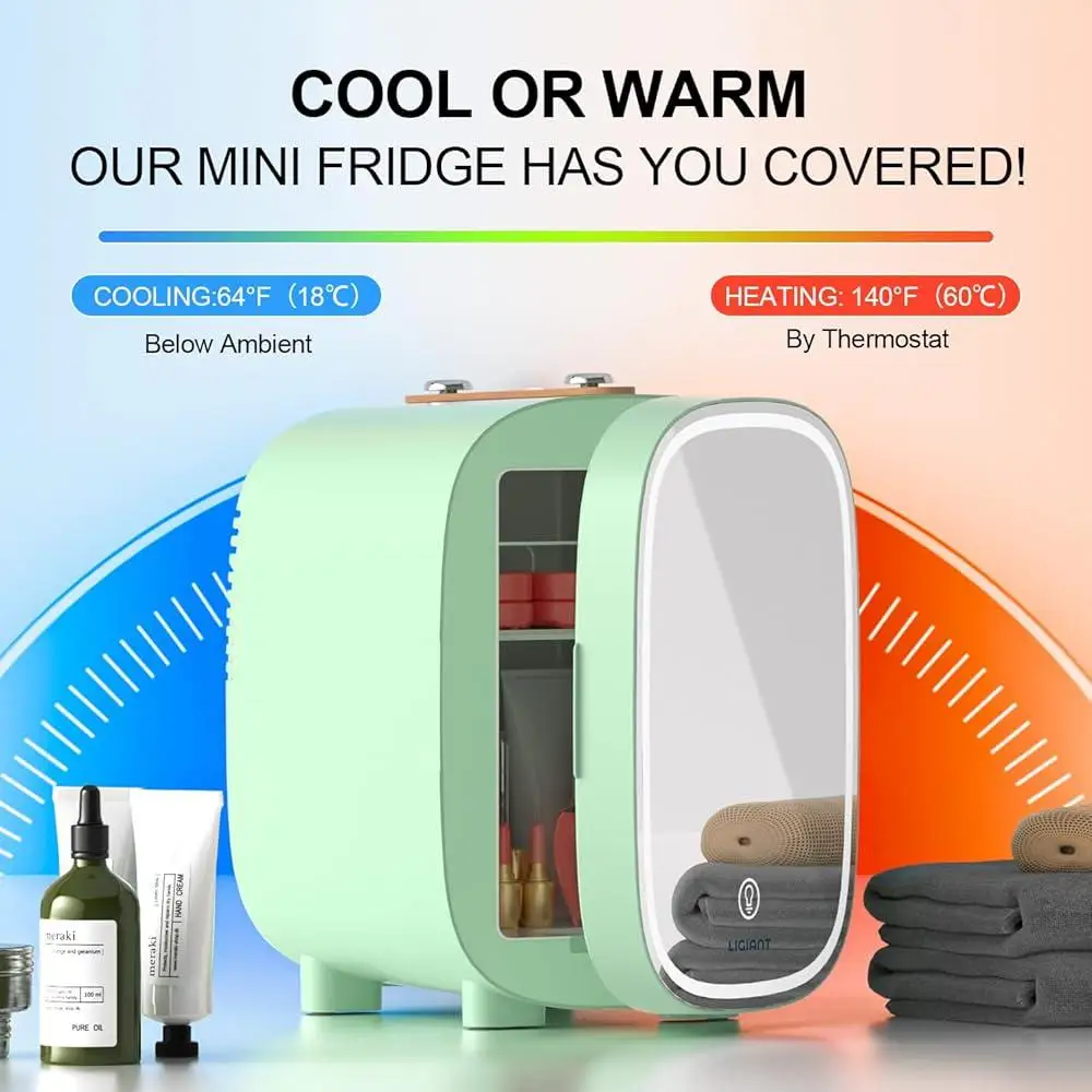 Skincare Mini Fridge LED Light Mirror 4L Low Noise Dual Cooling Heating Portable Design Frost Free Beauty Organizer