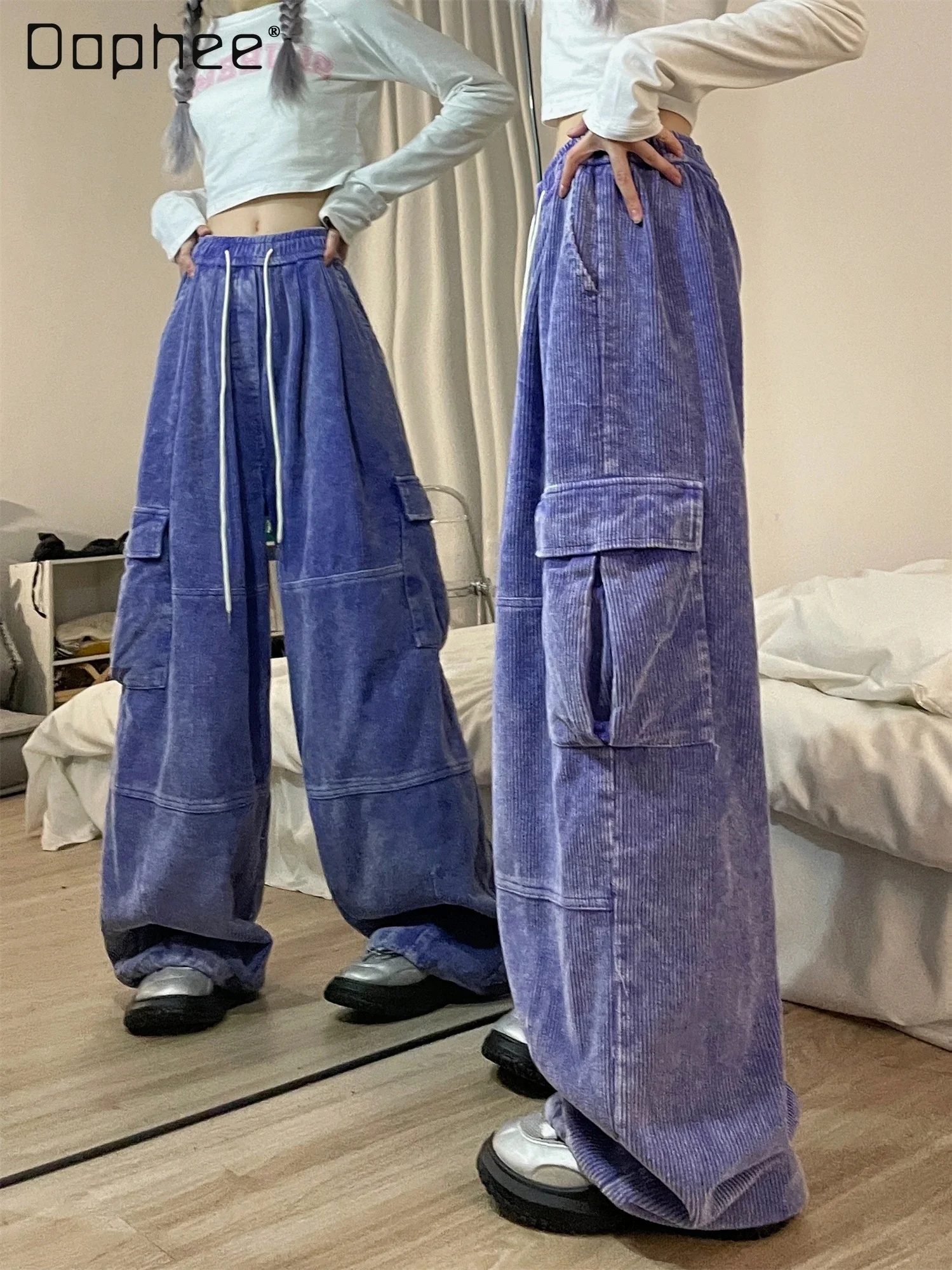 American Retro Purple Corduroy Overalls Fashion Pants Winter Loose Women Wide-Leg Thickened Washed Distressed Straight Trousers