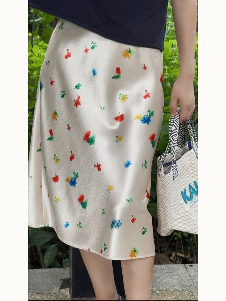 Women's Floral Satin Slip Skirt French High Waist Midi Skirt 2026 Casual Summer A-Line Dating, Holiday Outfits