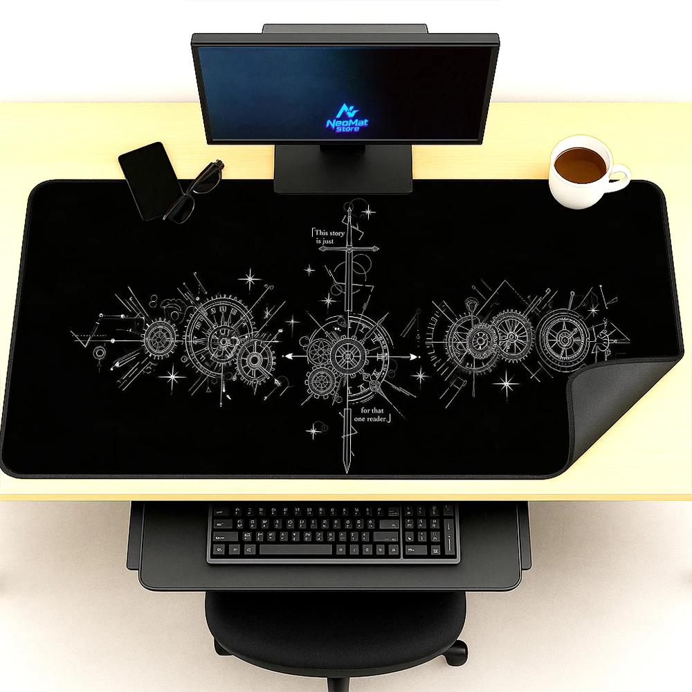 Schematic Desk Mat Keyboard Mat Steampunk Gears 140x60 White PC Black Setup Full Playmat Desk Pad Office Supplies Mat