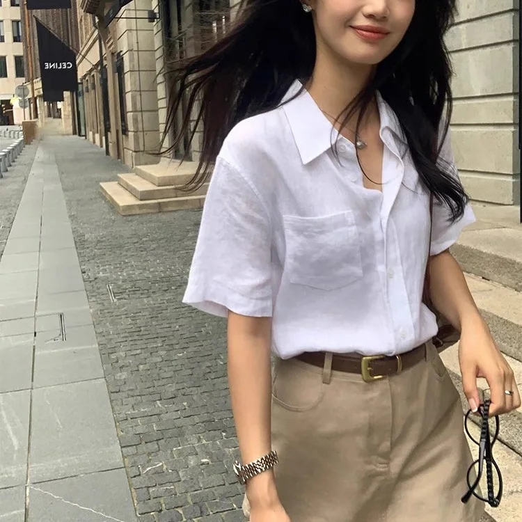 

Women Linen Short Sleeve Shirt Summer Casual Loose Blouse Design Office Commute Tops