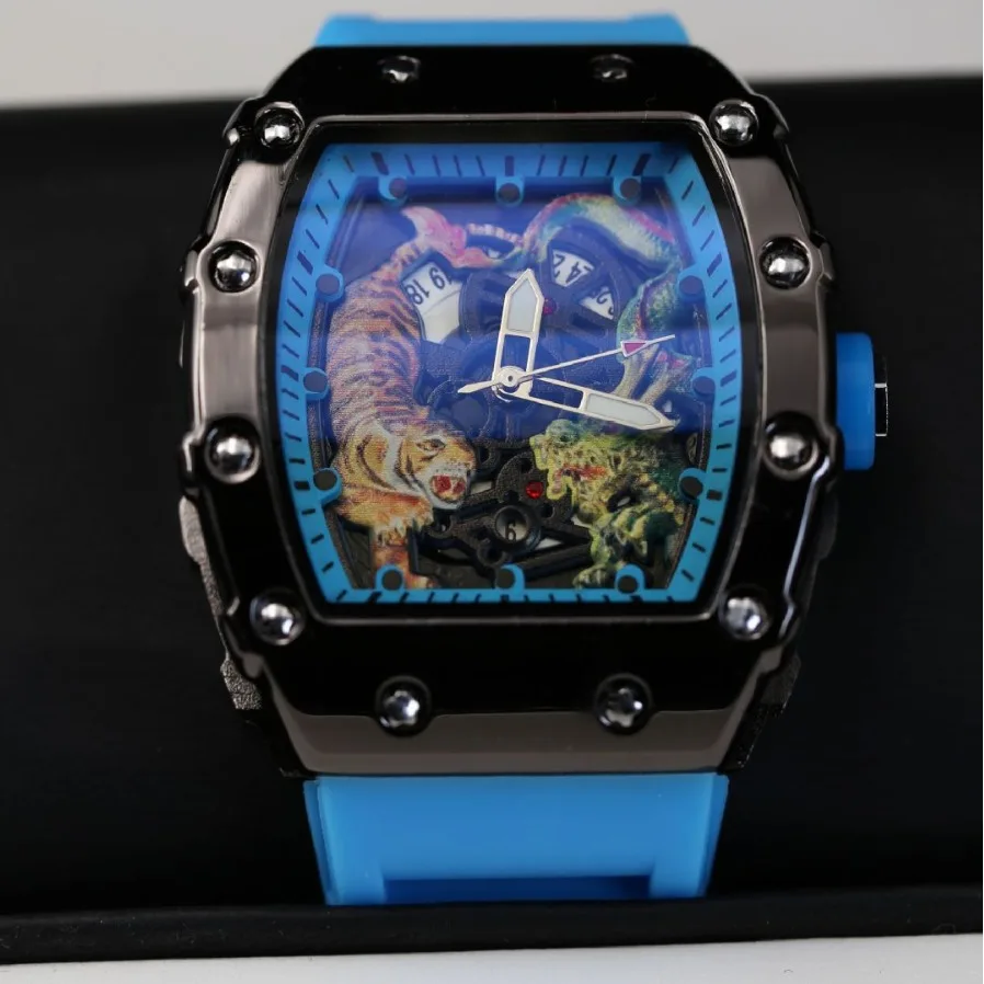 Classic Tonneau Dragon Tiger Shaped Engraved Dial Quartz Watches Men Top Luminous Rubber Strap Male Watch Men Steel Watch Clock