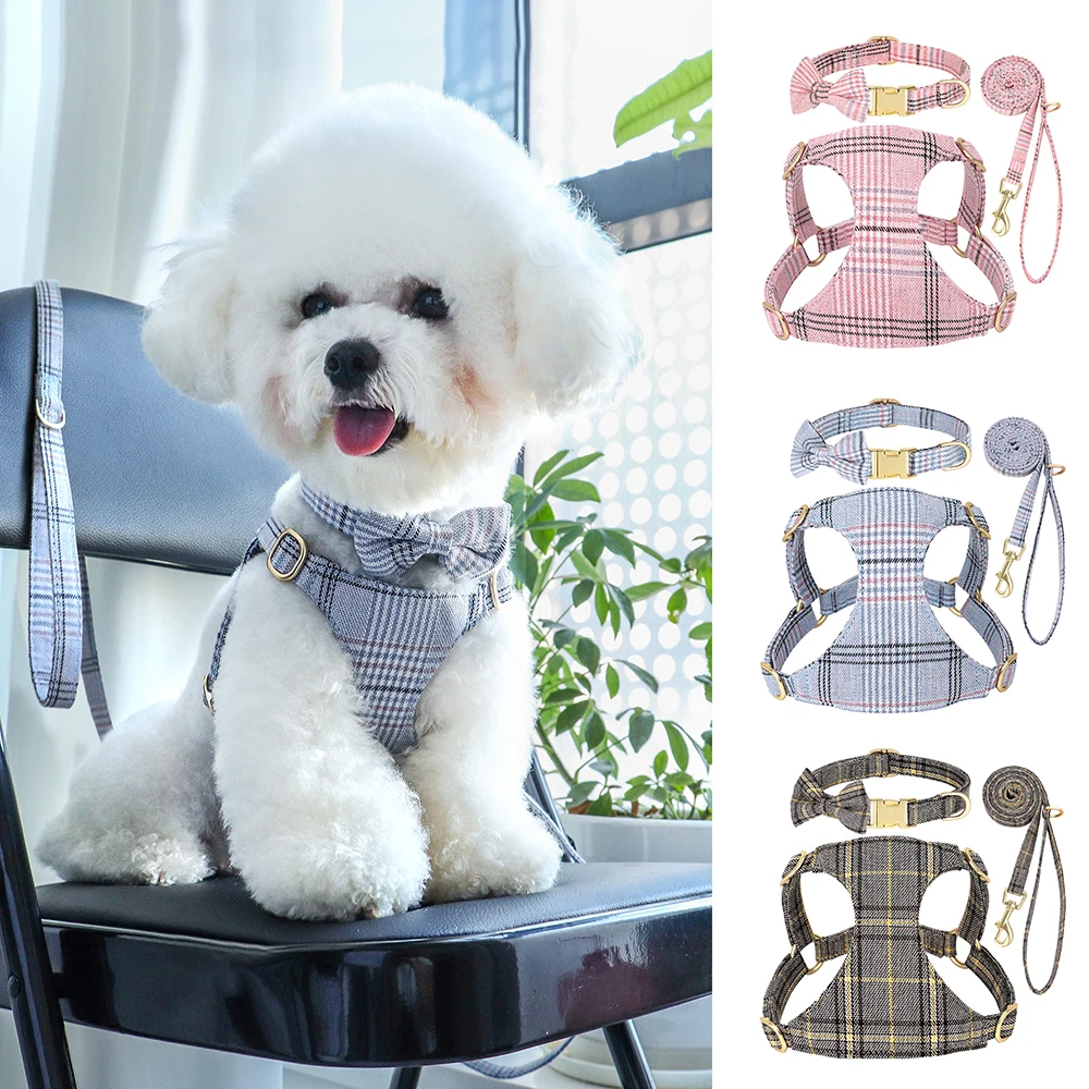 Nylon Dog Collar Harness Leash Set Adjustable Puppy Dogs Harnesses Vest Cute Bowknot Pet Collars With Lead for Small Medium Dogs