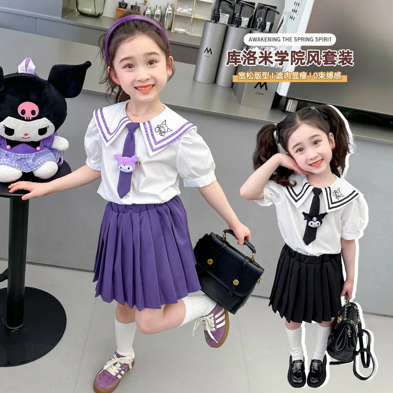 

2024 Cute Kuromi Jk Set Girls Kawaii Sanrio Anime Tops Summer Sweet Cute Cartoon Pleated Two-Piece Lolita Skirt Gift for Kids