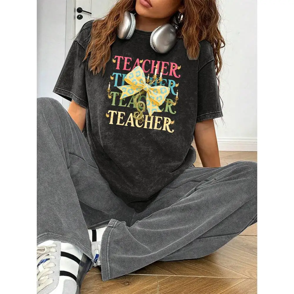 

Vintage Washed Teacher T-shirt Women Back To School Graphic Tee Teacher Appreciation Top Casual Cotton Loose Fit Gift