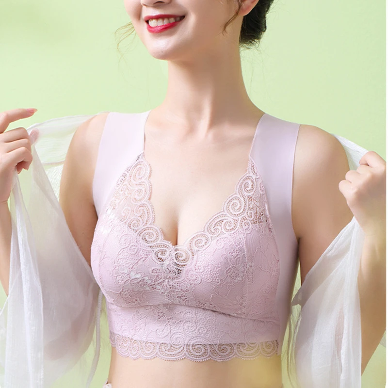 Large Size Seamless Lace Bra No Wires Big Breast Showing Small Bra Thin One-piece Push-up Vest Sports Bra Women