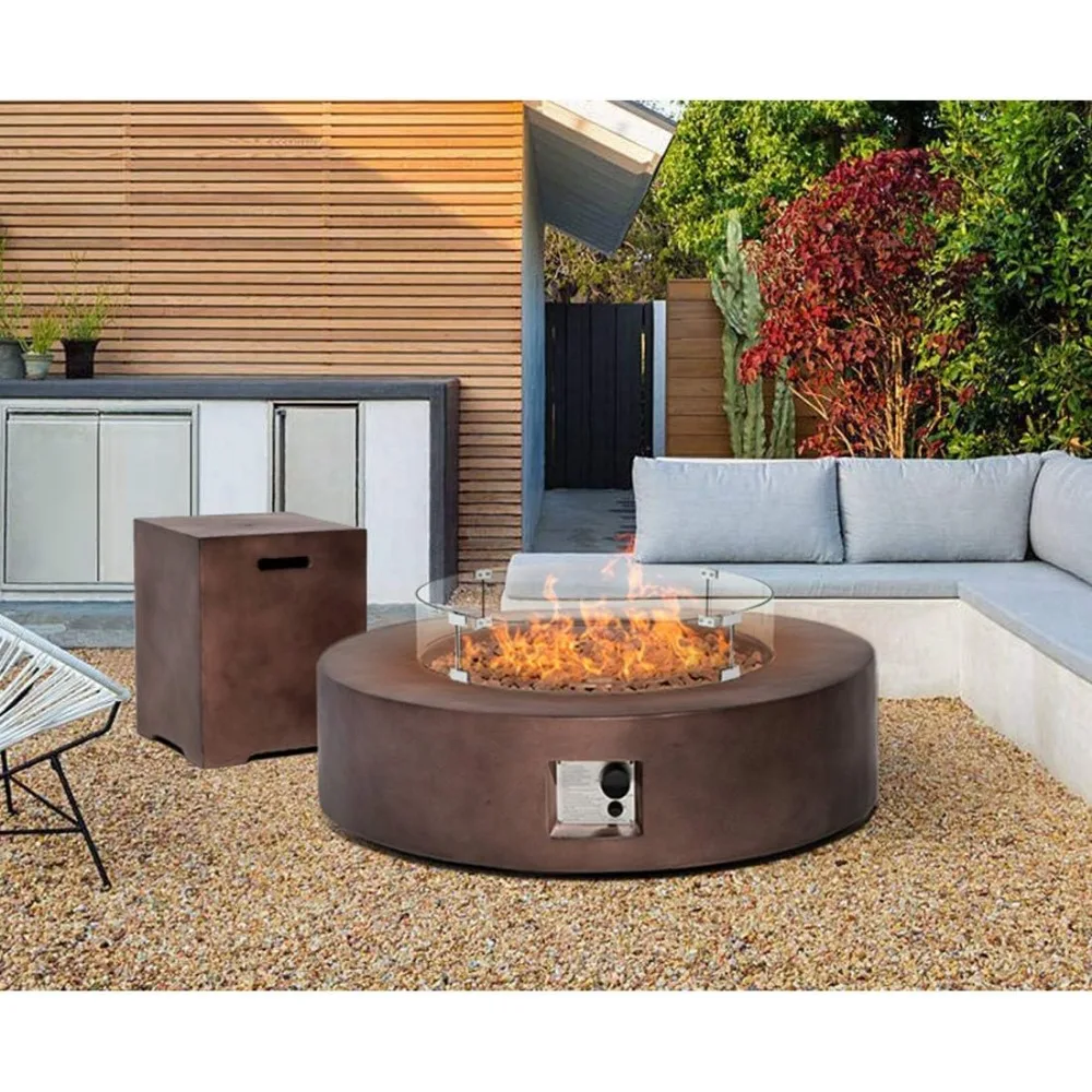 

Outdoor Propane Fire Pit Table 42-in 50,000 BTU Round Gas Fire Table, w Tank Cover,Wind Guard,Lava Rocks,Rain Cover Smokeless.