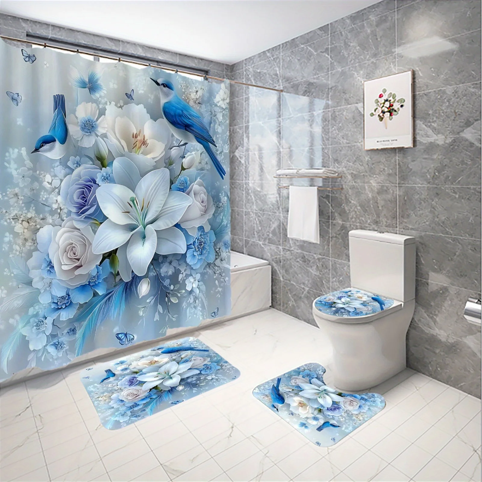 

4 шт. свежий и элегантный синий цветочный птичий узор, набор занавесок для душа, занавеска для ванной комнаты, декоративная занавеска для душа для ванной комнаты,