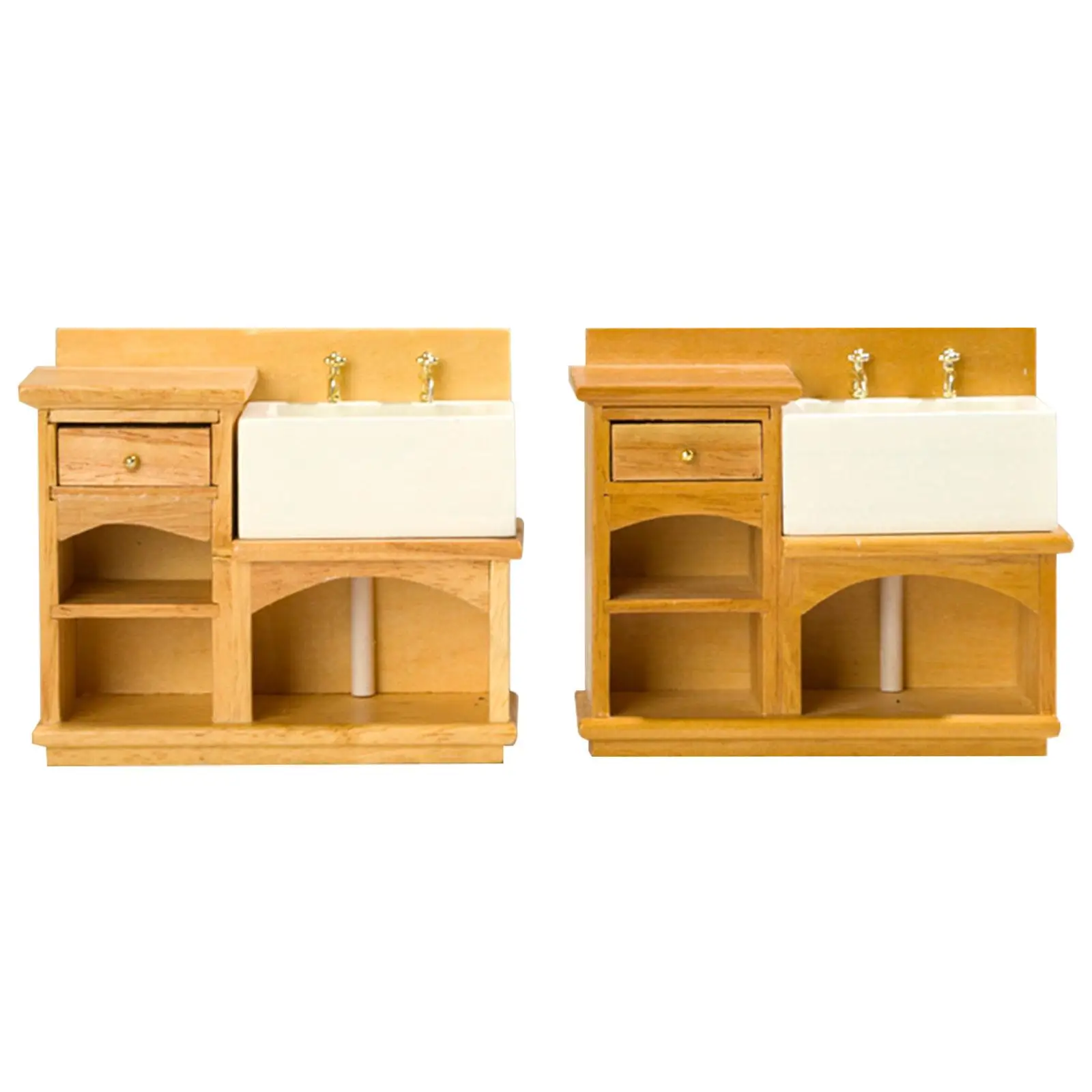Decoración de la cocina del baño de la casa de muñecas, gabinete de lavabo de madera del fregadero 1/12 con el fregadero de mano de cerámica para la casa de muñecas