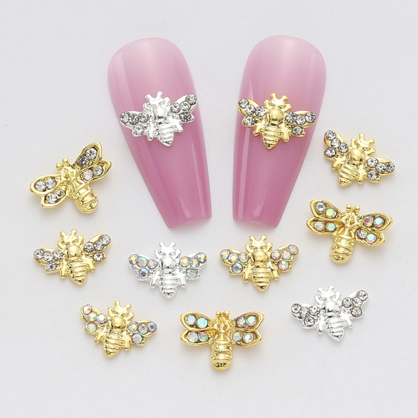 10 Pcs 3D Metal Nail Charm Jewelry Honeybee Shiny rhinestones designed for decorating nail art clothing bag with DIY accessories