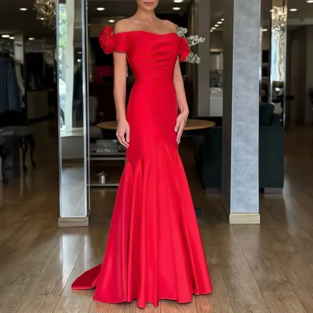

Modern Mermaid Long Evening Prom Dress Off Shoulder Red Elegant Satin Formal Wedding Party Gown for Women Customized