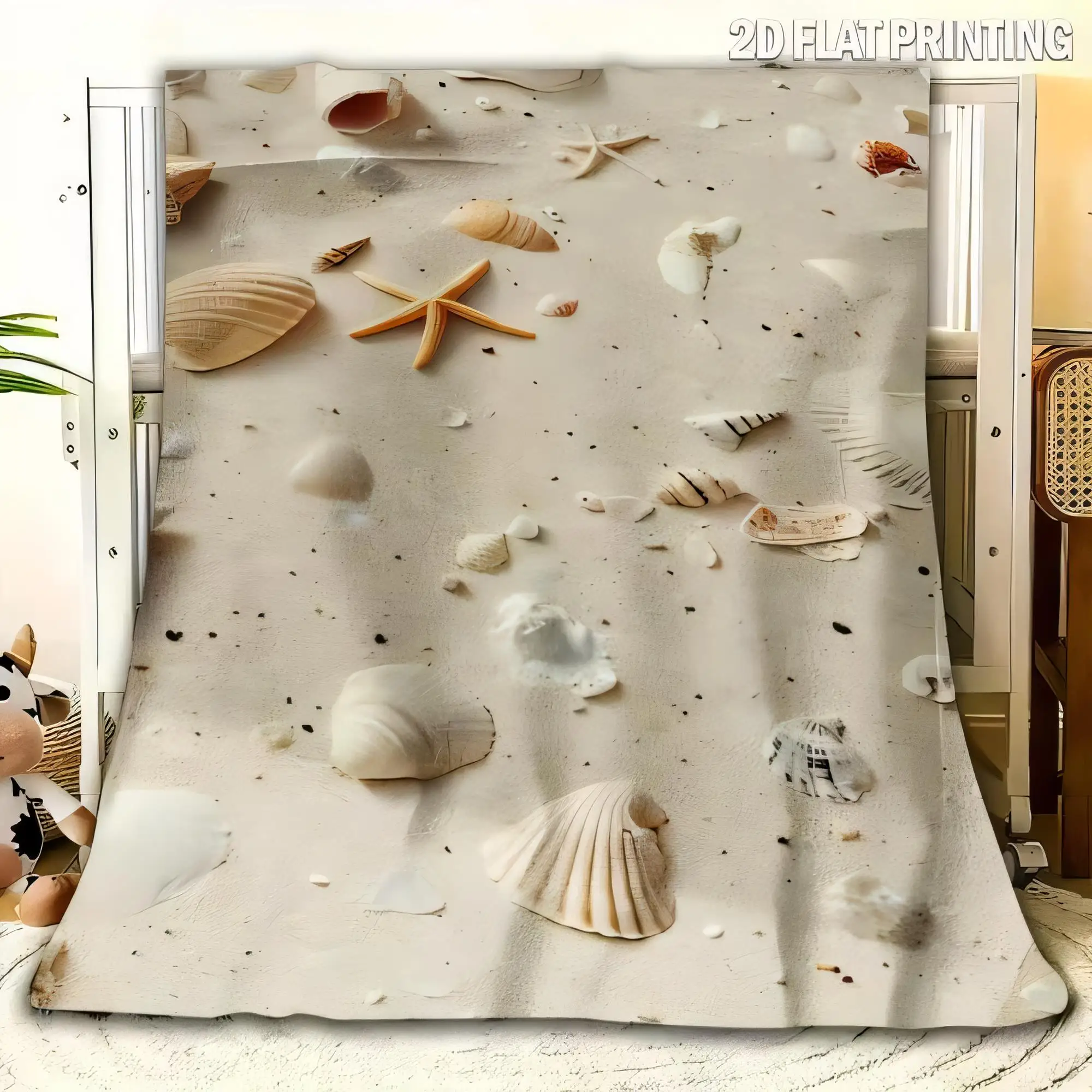 Strandthema, dekorative Decke, Tagesdecke, weiche Muscheln, Seestern, Küstenbettwäsche, ruhige Schlafzimmerdekoration, niedliches Plüschtier, Topfpflanze