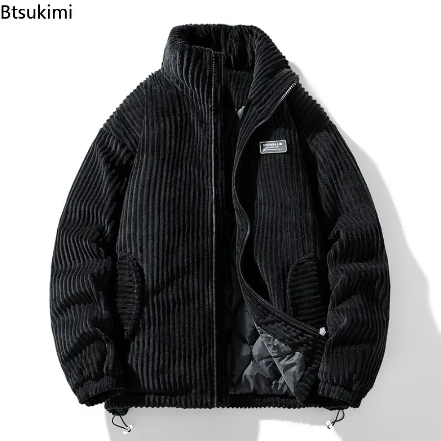 New Winter Fashion Casual Parkas for Men Stand Collar Solid Color Outerwear Corduroy Thicken Warm Jacket Cotton-padded Jacket