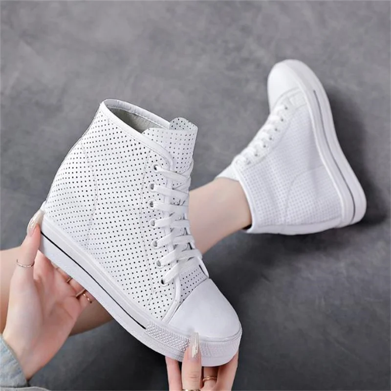 8cm New summertime Lace-up High-top Genuine Leather ventilate Shoes Women Sneaker Shoes Increase Within Wedges Casual Shoes 39