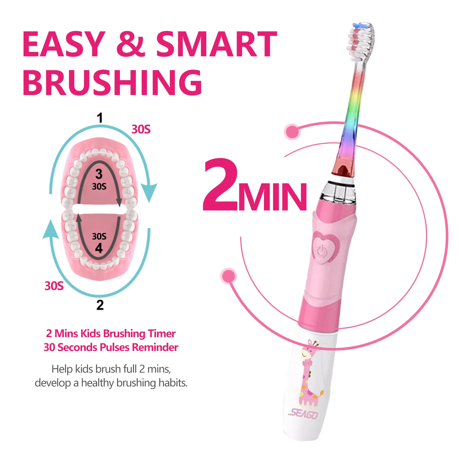 فرشاة أسنان كهربائية للأطفال من سيجو مع 8 رؤوس لفرشاة الأسنان، توقيت ذكي لمدة دقائقين، شعيرات فرشاة أسنان فائقة النعومة