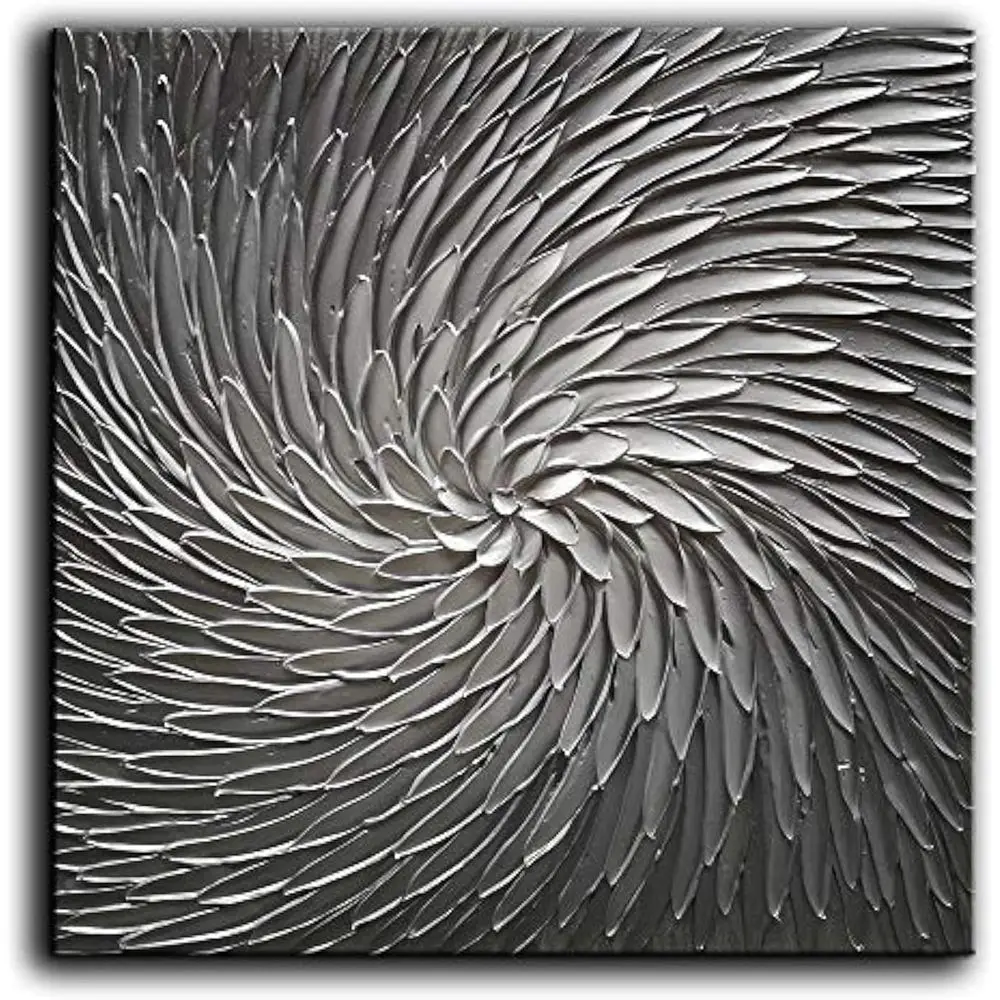 

Modern Abstract Silver Gray Oil Painting, 24x24 Inch, Ready to Hang Wall Art for Home Decor