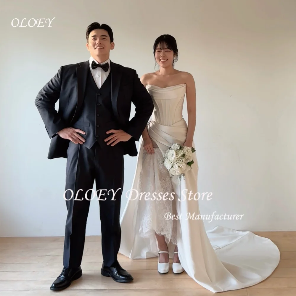 OLOEY Klassisches elfenbeinfarbenes Satin-Hochzeitskleid, trägerlos, mit Falten, A-Linie, Korea, Fotoshooting, Brautempfangskleid, maßgeschneidert,  soi
