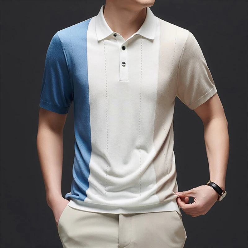 Men's color block polo shirt, high quality for Spring/Summer 2024, slim-fit short-sleeve knit shirt, men's stretchy top.3XL-M