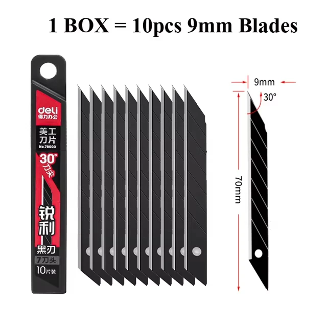 Deli Hochleistungs-Universalmesser 9mm/18mm Scharfer Schwarzer SK5 Kohlenstoffstahl Automatisch Einziehbarer Kartonschneider für Pappe und Kartons