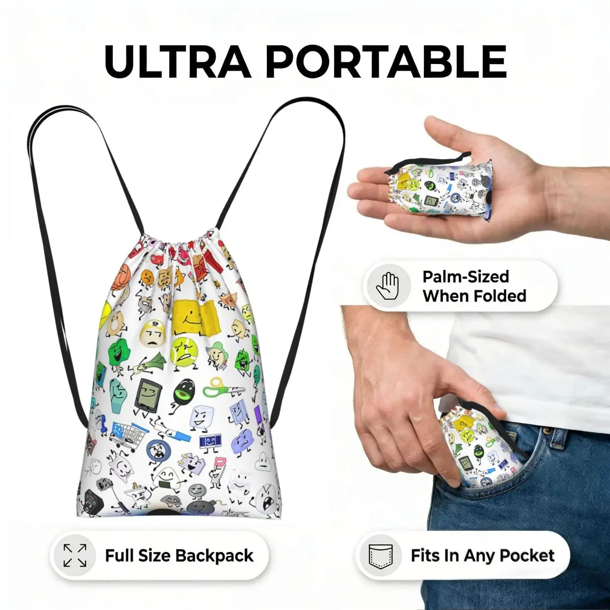 BFB And TPOT Full Cast BFDI Drawstring Backpack Sports Gym Bag Lightweight Foldable Storage Drawstring Bag for Men Women