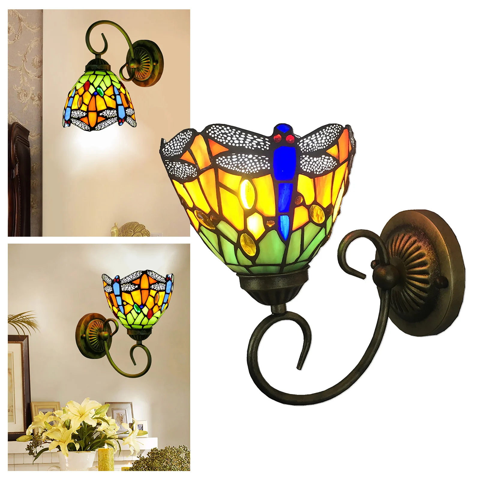 

Stained Glass Wall Light, Retro Dragonfly Design With E27 Bulb Holder, Iron & Multicolor Glass Sconce For Bedroom