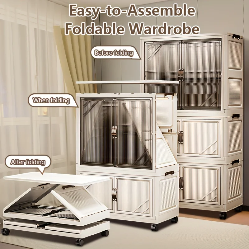 

Foldable Plastic Wardrobe with Wheels, Easy Assembly Portable Collapsible Closet Storage Cabinet, Multi-Layer Stackable Clothing