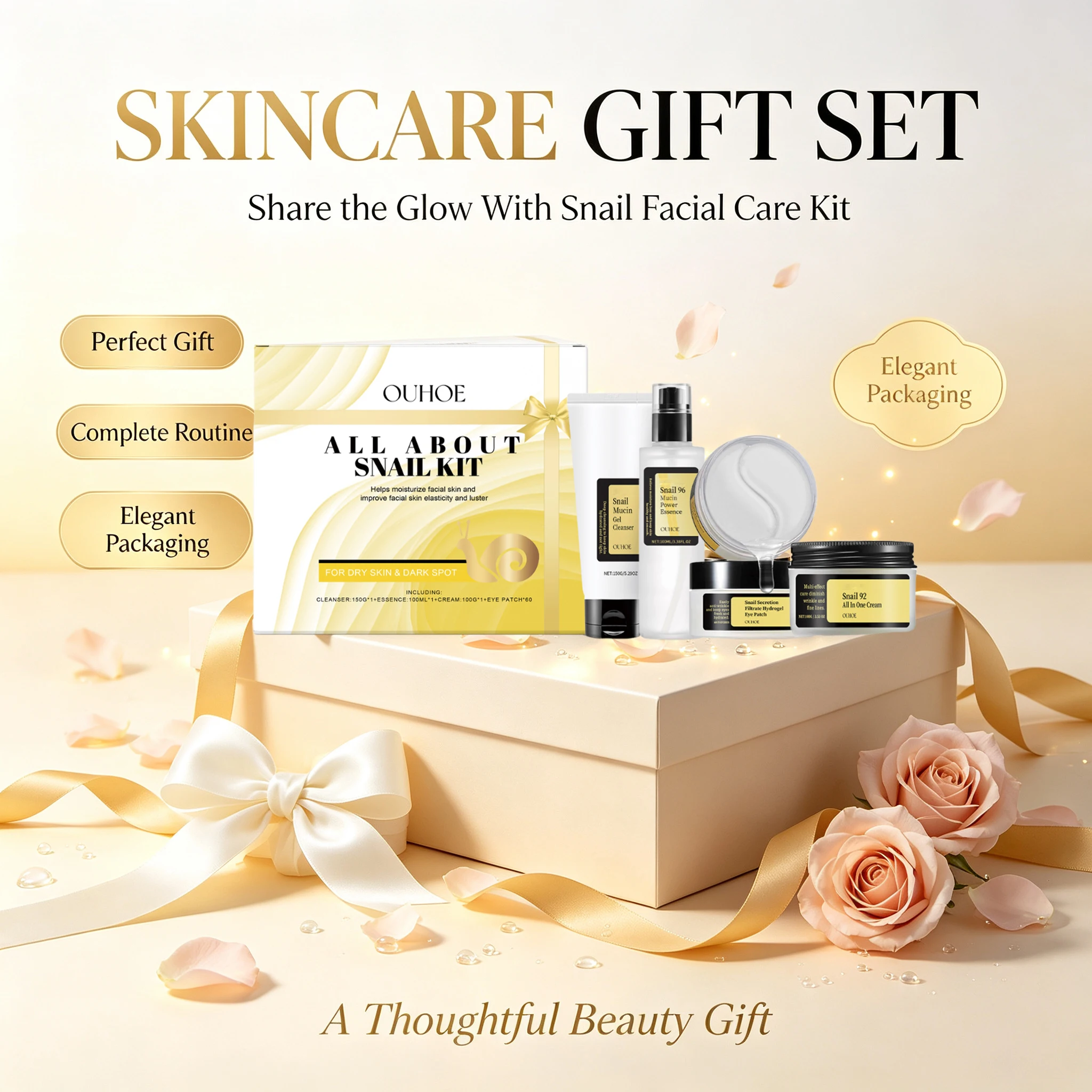 Snail Cream Gel - 4-in-1 Slakkenslijm Huidverzorgingsgeschenkset Complete Gezichtsverzorgingskit Gelreiniger