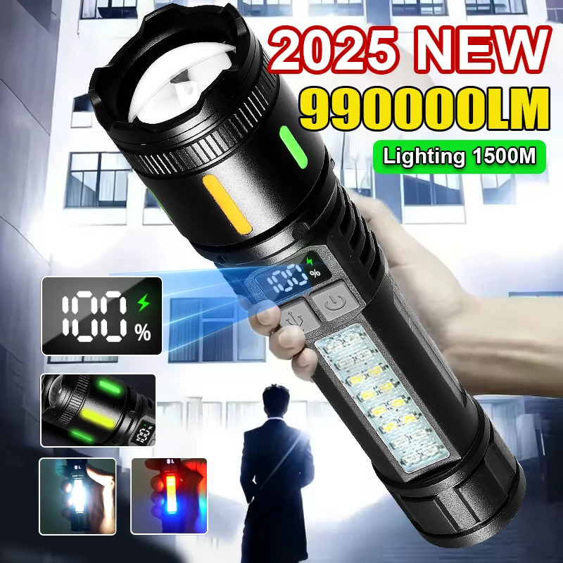 

Новый сверхмощный фонарик 990000LM IPX6 с телескопическим зумом, перезаряжаемый светодиодный фонарик Type-c, уличный приключенческий фонарик для кемпинга