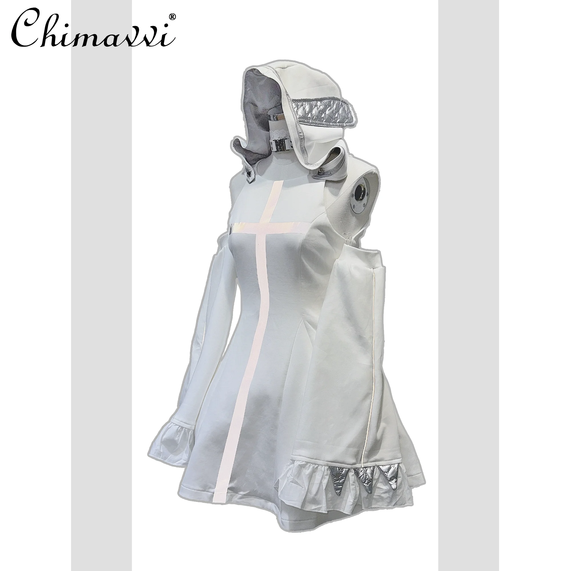 Japanese New 3D Waist Reflective Cross Sleeveless Hooded Dress Mechanical Style Sweet Cool Girl Short Black and White Dress
