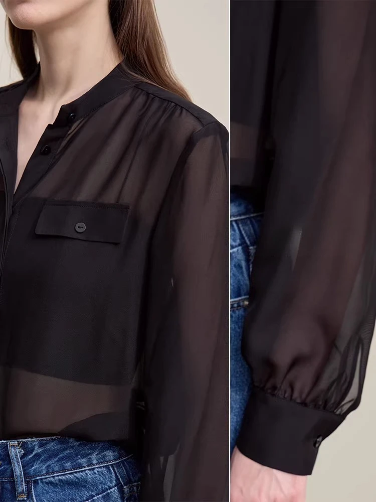 Amii chemise pour femme 2026 printemps nouveau banlieue col montant avec ceinture soie à manches longues haut femmes décontracté chemise noire 12621057