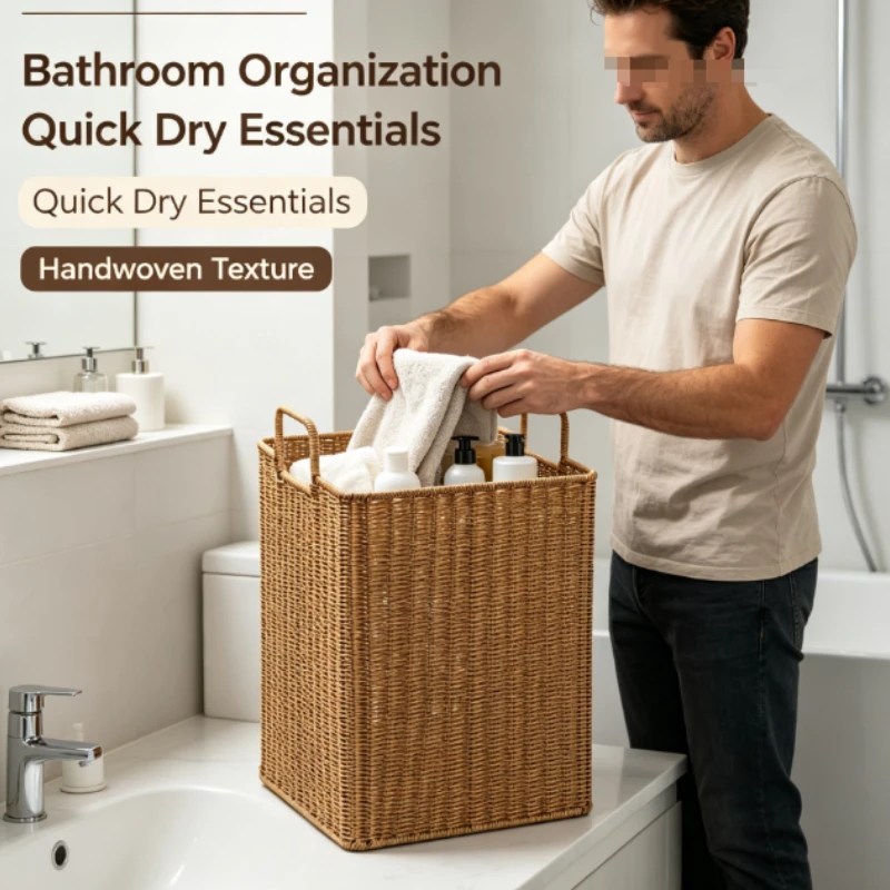 Tall Laundry Hamper Basket With Woven Texture And Handles For Bathroom Bedroom Clothes Storage Home