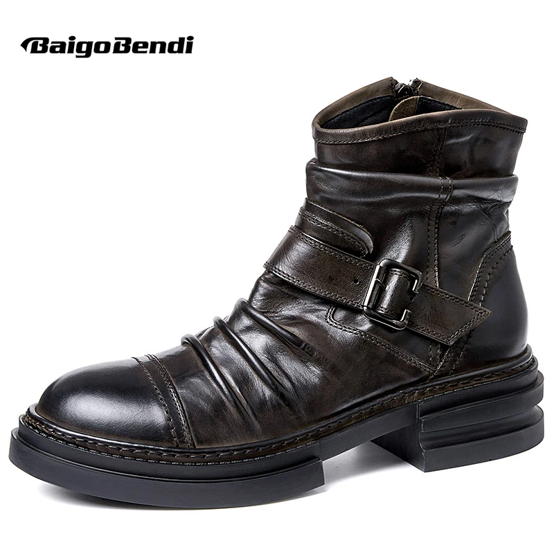 Top Recommand Trendy Men's Vintage High-grade Fold Design Chelsea Boots Mature Man Buckle Belt Fashion Winter Shoes