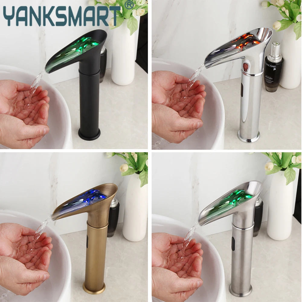 

YANKSMART LED Waterfall Bathroom Faucet Basin Sink Deck Mounted Mixer Water Tap RGB Color Change Powered by Flow Faucet