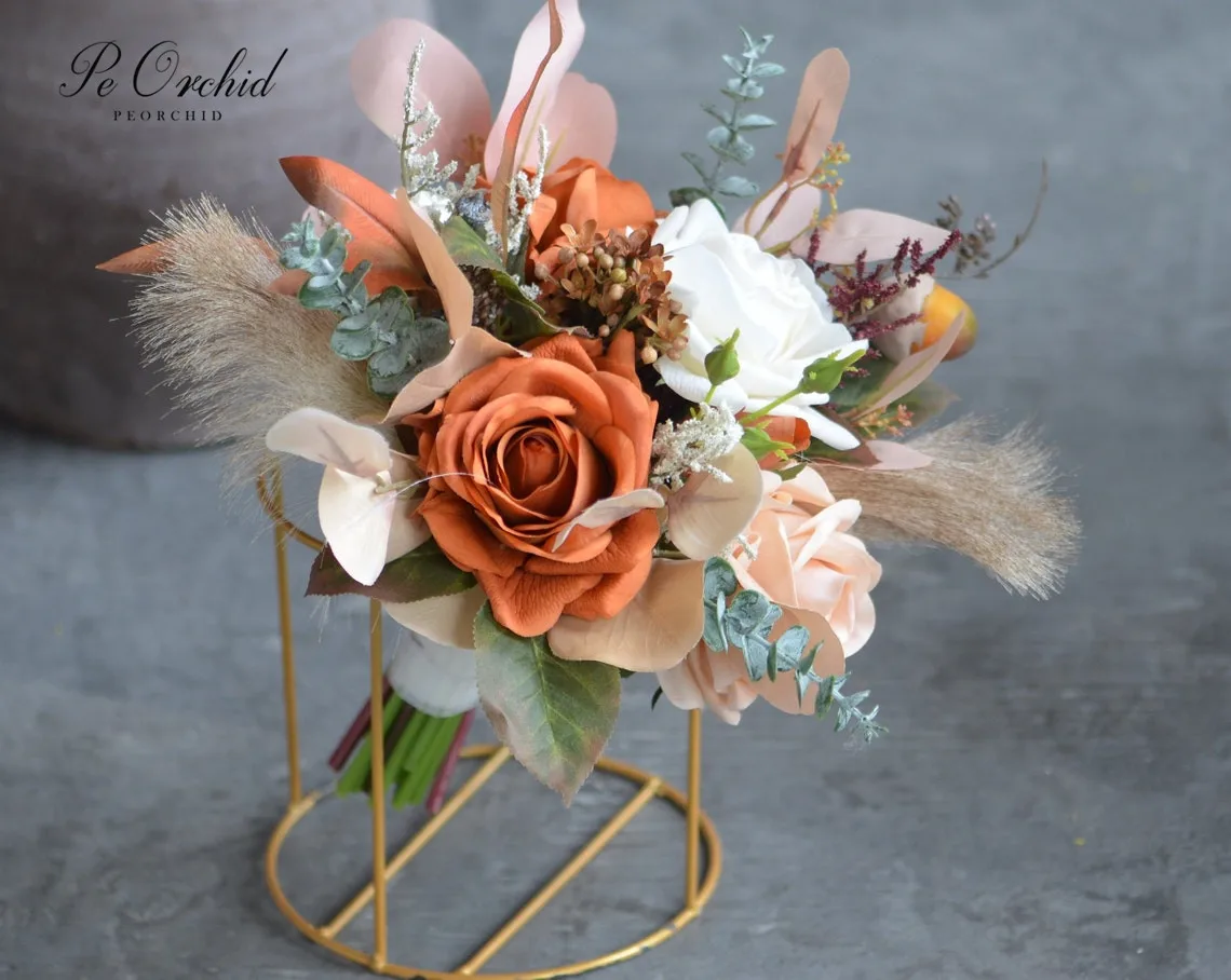 PEORCHID-Boho Bridal Bouquet, Flores Artificiais, Rosas Real Touch, Ferrugem Laranja, Outono, Casamento, Damas de honra