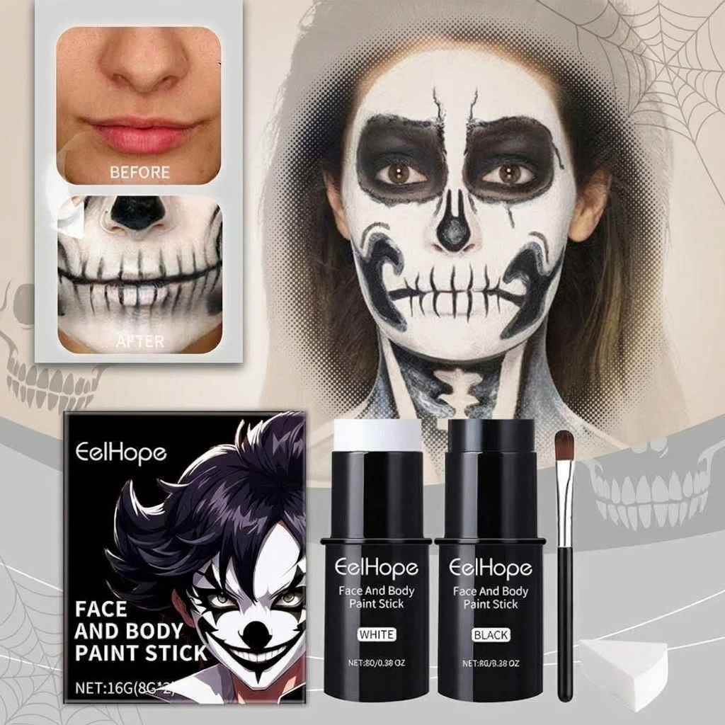 Black White Face Body Paint Kit Cover Foundation Clown Colorful Long Lasting Waterproof Halloween Festive Makeup Accessories Set