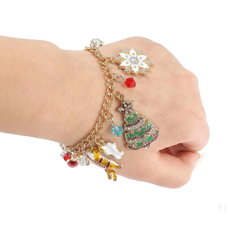 

Модный металлический браслет-цепочка с подвесками в виде елки, оленя и снежинок, новогодний подарок, украшение для вечеринки, аксессуары для праздничного образа.