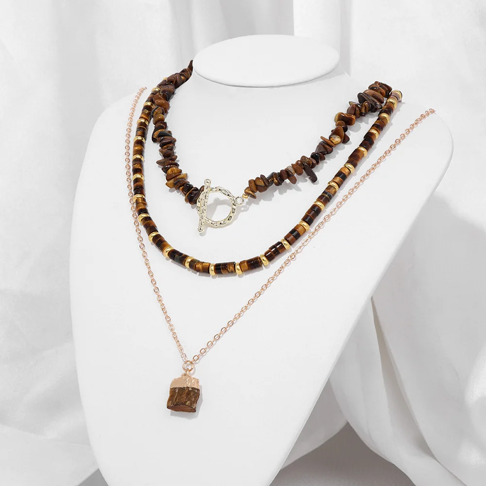 Vintage Multi Layer Tiger Eye Stone Necklaces Fashion Natural Rose Quartzs Chip Stone Necklace 3Pcs/Set Women Party Jewelry Set