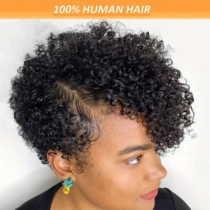 Lace Frontal Curly Bob Wig, Corte Curto Pixie, Cor Natural Do Cabelo Preto