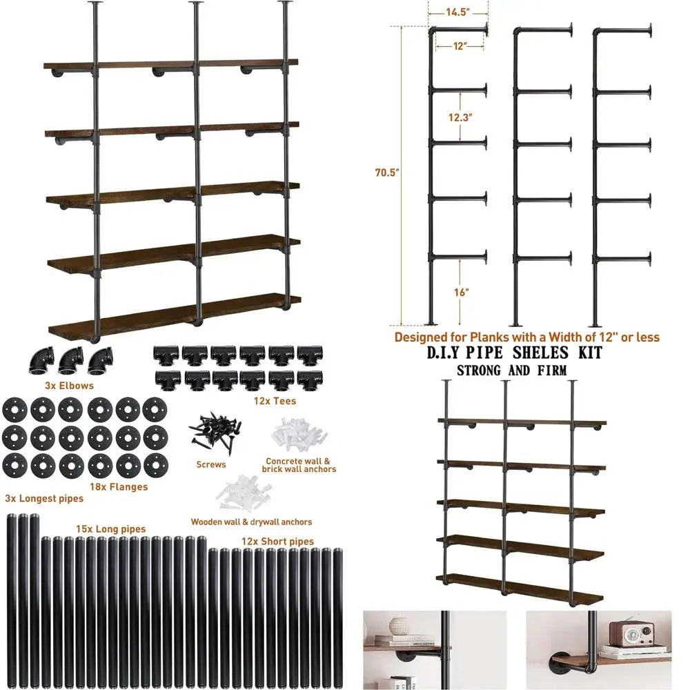 HITOMEN Industrial Iron Pipe Shelves, 3 Set 5-Tier 70.5 Tall 12 Depth, DIY Open Bookshelf Bookcase, Wall Mounted Vintage Retro S