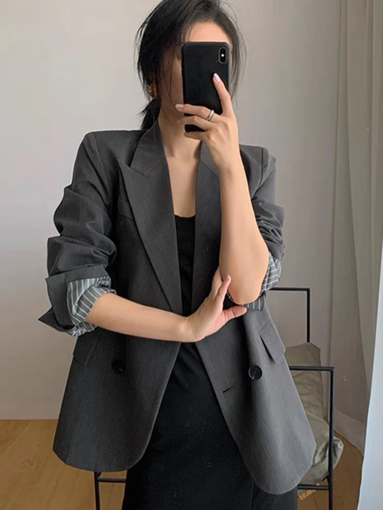 LANMREM Fashion Blazer For Women Notched Long Sleeves Double Breasted Solid Color Lining Design Coat 2024 New Clothing 2Z1332